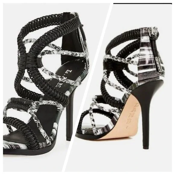 L.A.M.B Zebra Vine Black and White Strappy Leather Heels Sandals Size 8.5 - Picture 2 of 15
